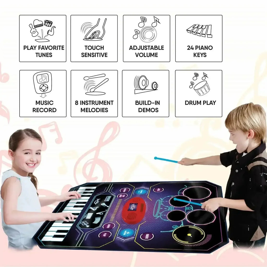 2-in-1 Musical Playmat for Kids Age 3 Years and Above | Piano Drum Multi-Color Floor Playmat - Naivri
