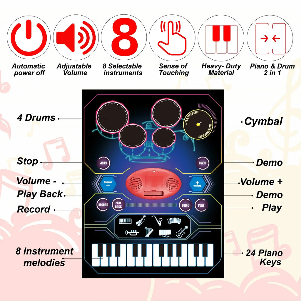 2-in-1 Musical Playmat for Kids Age 3 Years and Above | Piano Drum Multi-Color Floor Playmat - Naivri