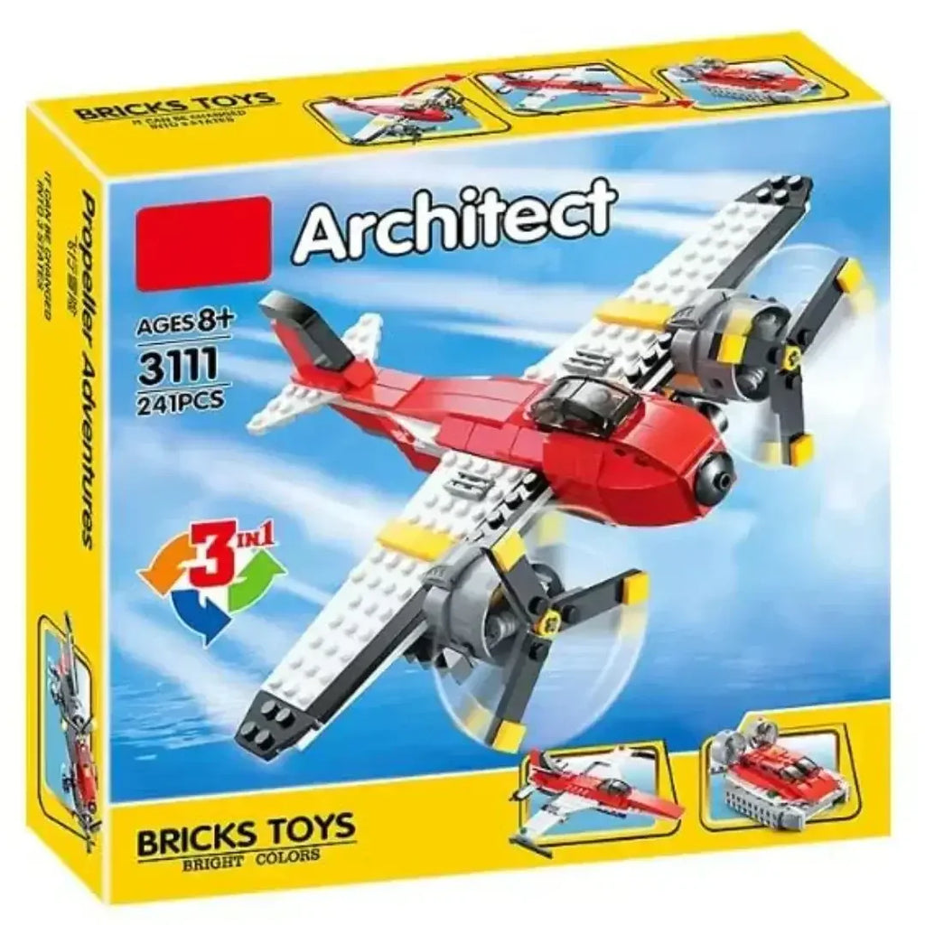 3-in-1 Architect Series Construction Brick Set – Fighter Jet, Propeller Plane & Hovercraft Model | STEM DIY Building Toy Kit for Kids (Multicolor, 241+ Pieces) - Naivri