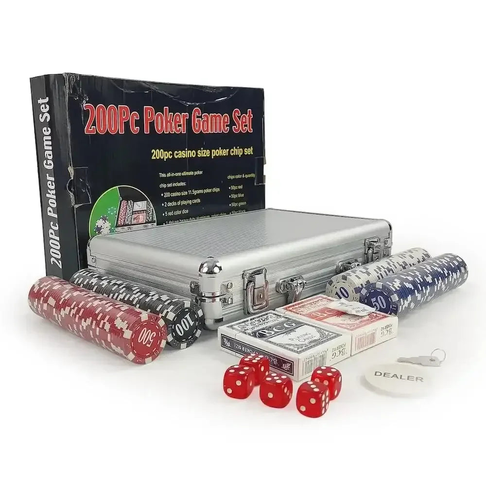 Adult Casino Style 200 Chips Poker Set | Professional 4-Color Chip Set with Aluminum Carrying Case, 2 Decks of Cards, 5 Dice & Dealer Button – Multiplayer Poker Game for Adults - Naivri