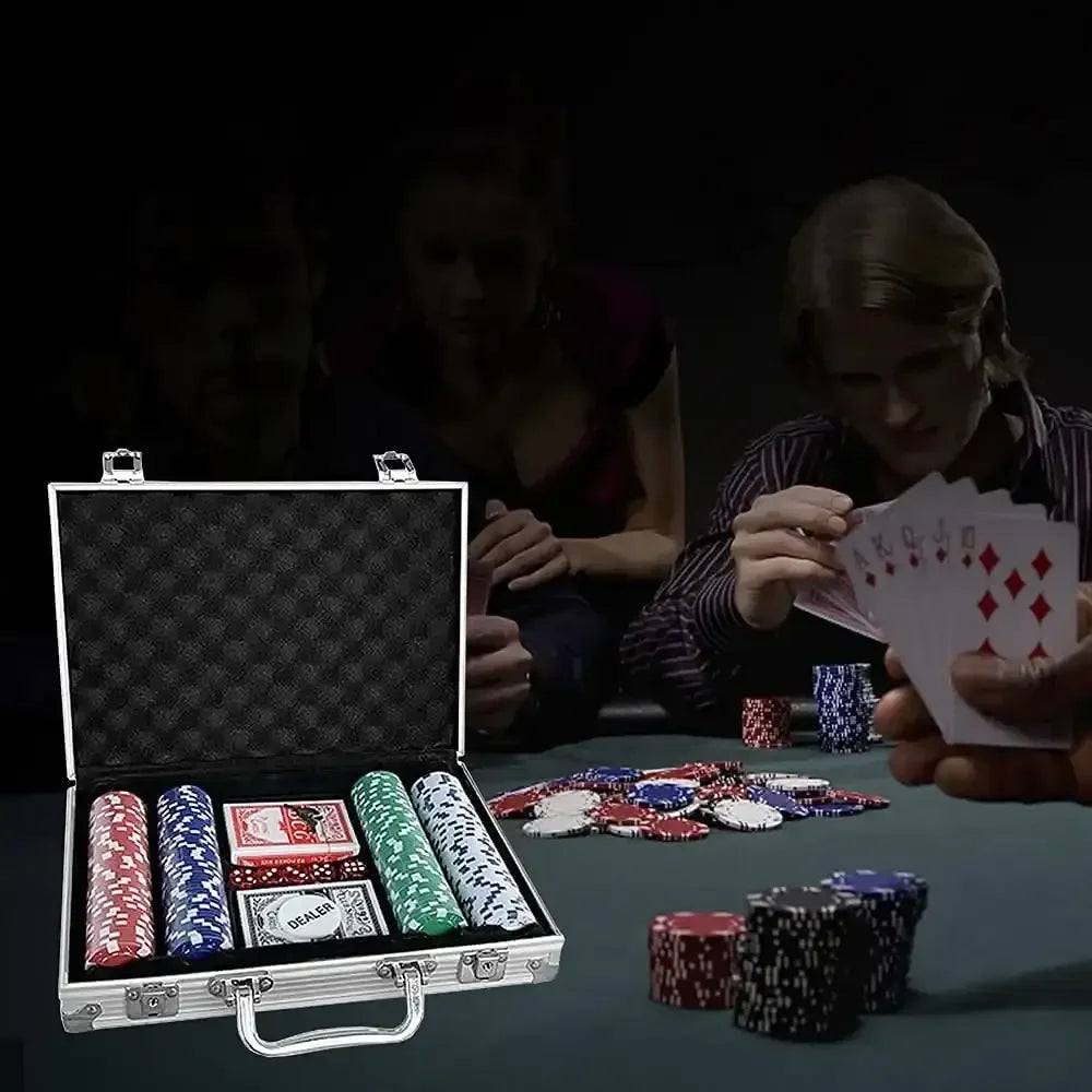 Adult Casino Style 200 Chips Poker Set | Professional 4-Color Chip Set with Aluminum Carrying Case, 2 Decks of Cards, 5 Dice & Dealer Button – Multiplayer Poker Game for Adults - Naivri