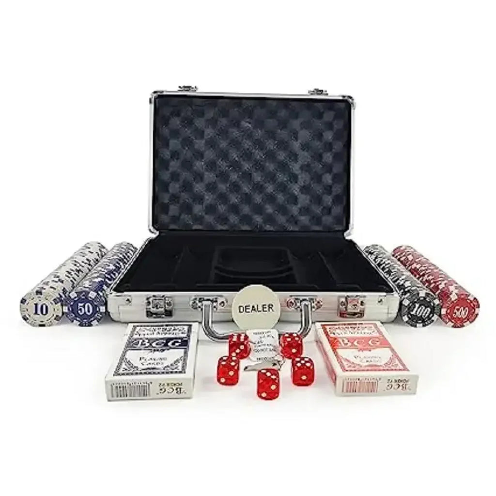 Adult Casino Style 200 Chips Poker Set | Professional 4-Color Chip Set with Aluminum Carrying Case, 2 Decks of Cards, 5 Dice & Dealer Button – Multiplayer Poker Game for Adults - Naivri