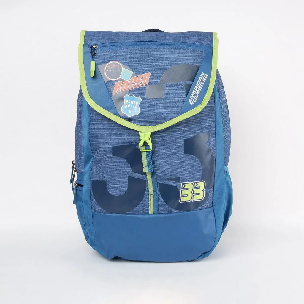 American Tourister unisex printed zip-closure backpack – AMT Sigma LP Backpack 02 in LBlue, SBlue, AQ Blue, and Lead Stone – 3 compartments, leather synthetic build - Naivri