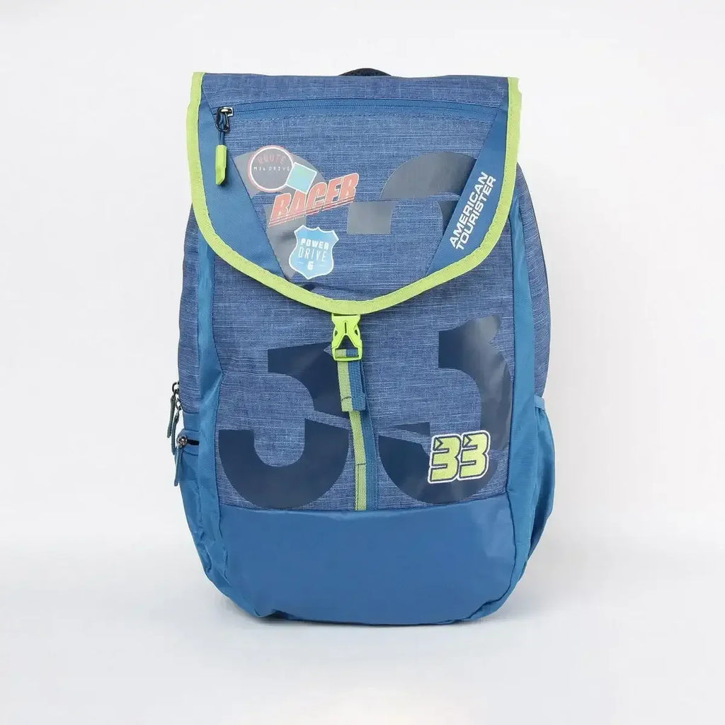 American Tourister unisex printed zip-closure backpack – AMT Sigma LP Backpack 02 in LBlue, SBlue, AQ Blue, and Lead Stone – 3 compartments, leather synthetic build - Naivri