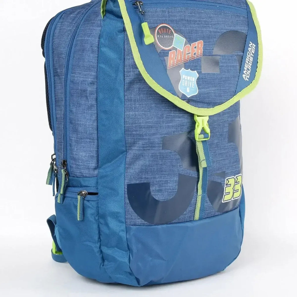 American Tourister unisex printed zip-closure backpack – AMT Sigma LP Backpack 02 in LBlue, SBlue, AQ Blue, and Lead Stone – 3 compartments, leather synthetic build - Naivri