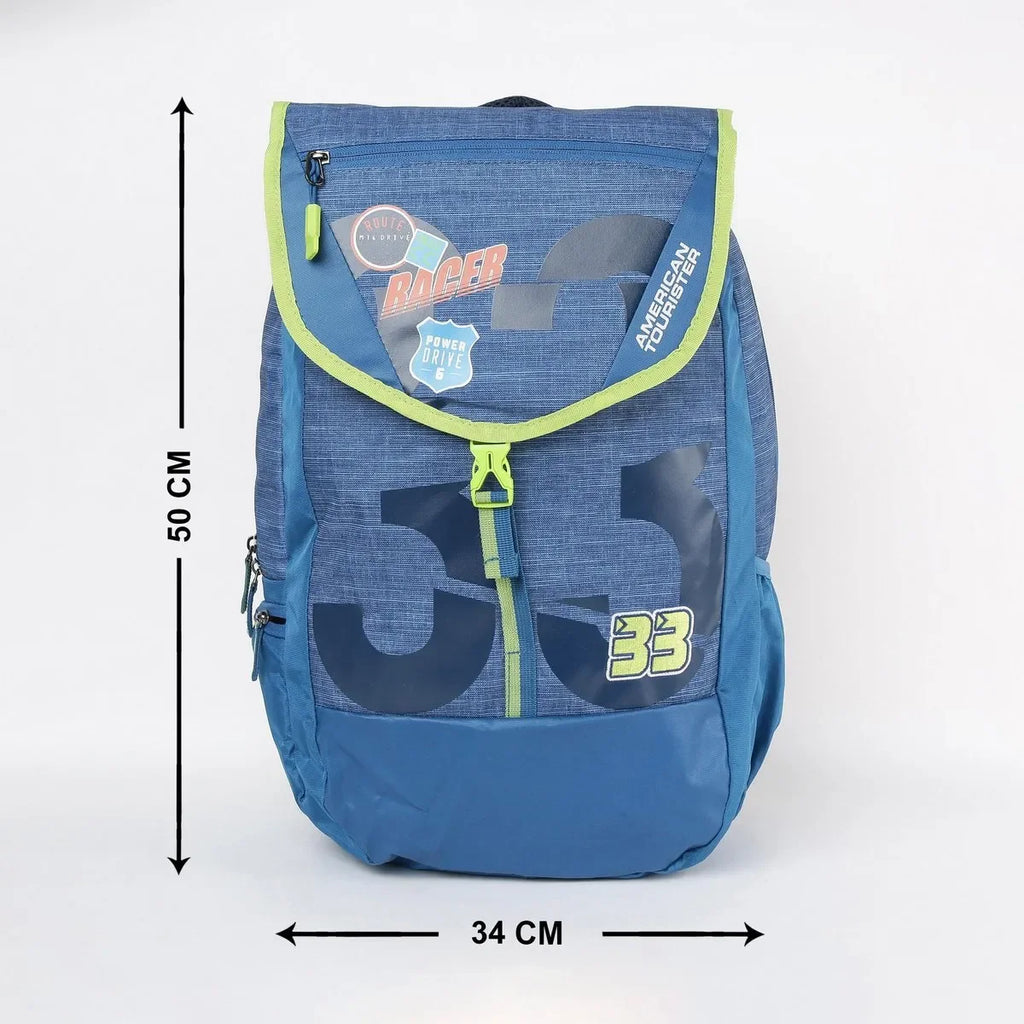 American Tourister unisex printed zip-closure backpack – AMT Sigma LP Backpack 02 in LBlue, SBlue, AQ Blue, and Lead Stone – 3 compartments, leather synthetic build - Naivri