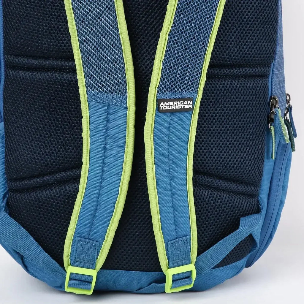 American Tourister unisex printed zip-closure backpack – AMT Sigma LP Backpack 02 in LBlue, SBlue, AQ Blue, and Lead Stone – 3 compartments, leather synthetic build - Naivri