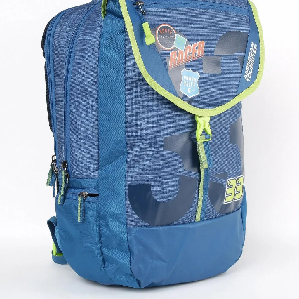 American Tourister unisex printed zip-closure backpack – AMT Sigma LP Backpack 02 in LBlue, SBlue, AQ Blue, and Lead Stone – 3 compartments, leather synthetic build - Naivri