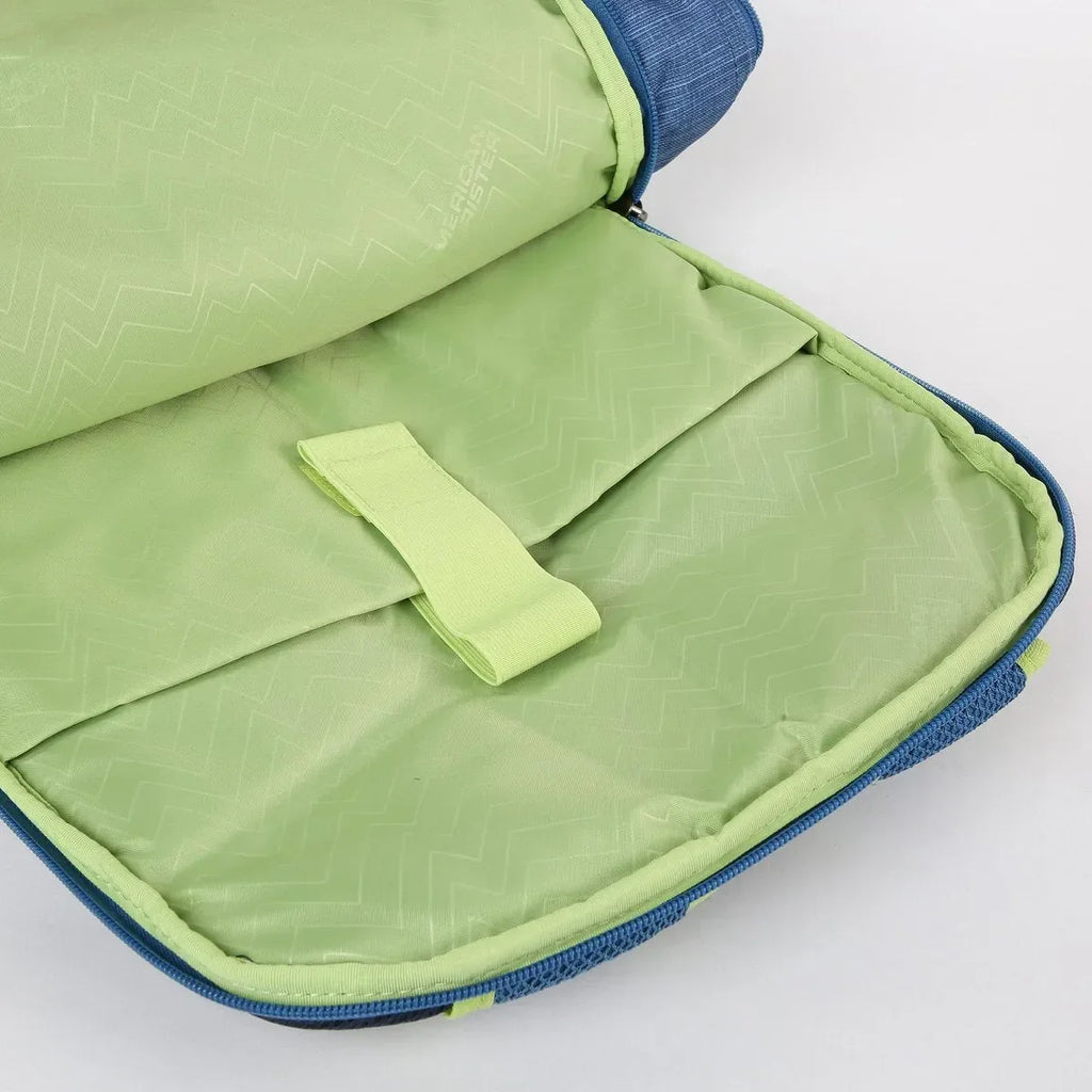 American Tourister unisex printed zip-closure backpack – AMT Sigma LP Backpack 02 in LBlue, SBlue, AQ Blue, and Lead Stone – 3 compartments, leather synthetic build - Naivri