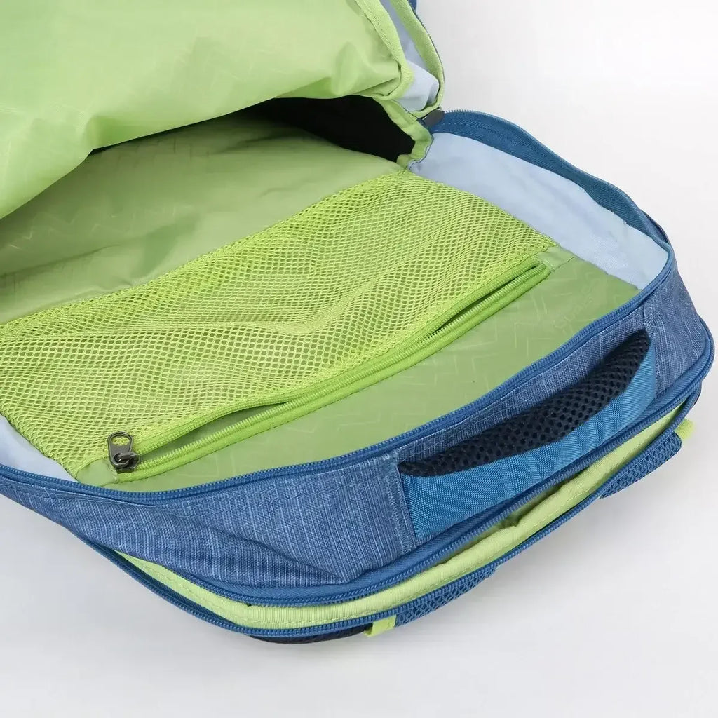 American Tourister unisex printed zip-closure backpack – AMT Sigma LP Backpack 02 in LBlue, SBlue, AQ Blue, and Lead Stone – 3 compartments, leather synthetic build - Naivri