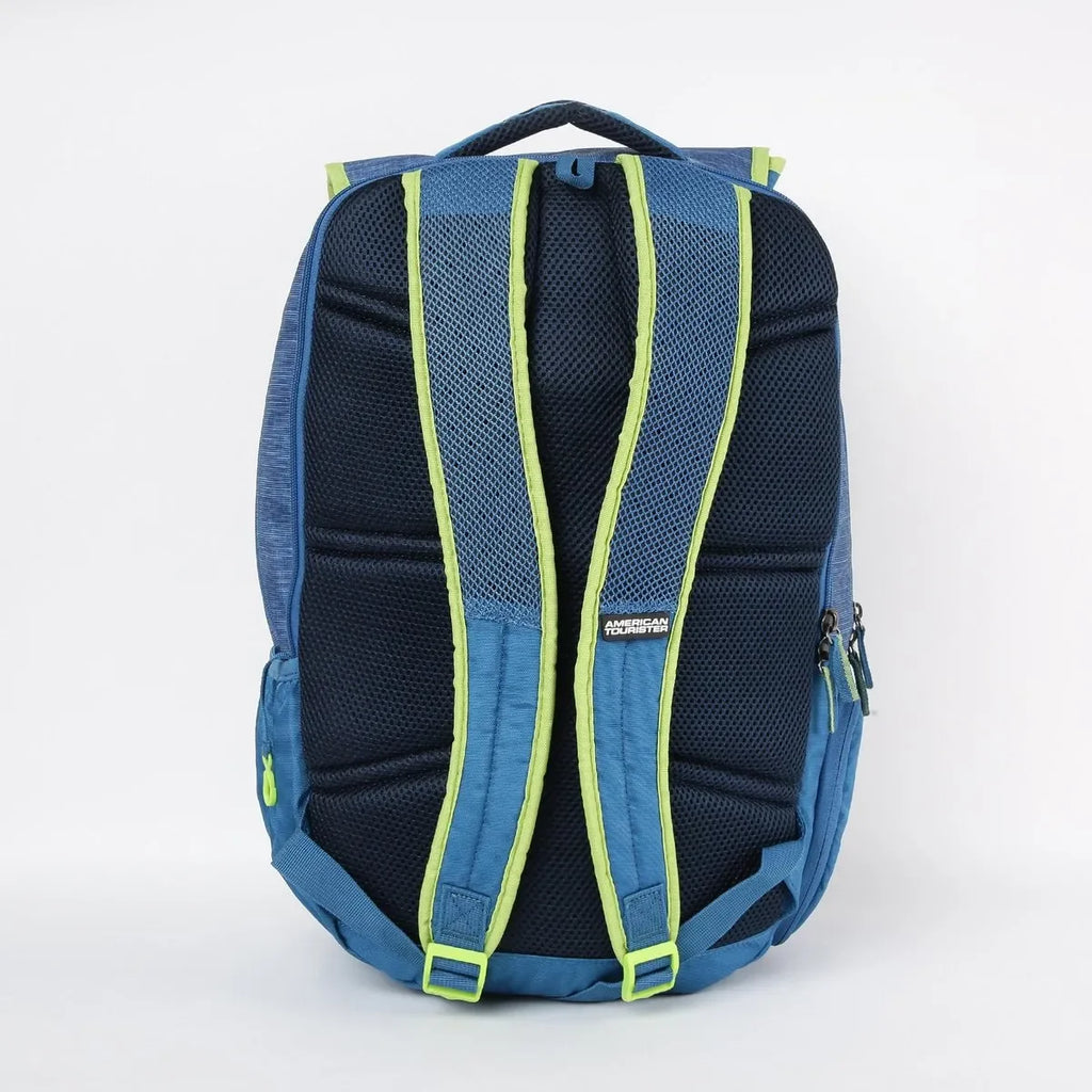 American Tourister unisex printed zip-closure backpack – AMT Sigma LP Backpack 02 in LBlue, SBlue, AQ Blue, and Lead Stone – 3 compartments, leather synthetic build - Naivri