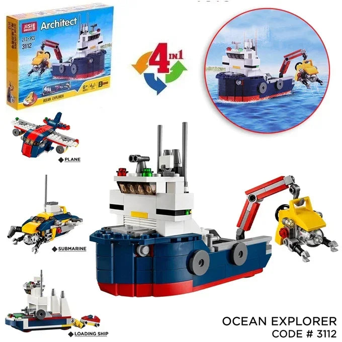Architect Ocean Explorer & Detection Ship – 4-in-1 Submarine, Aircraft, and Ship Building Blocks Set (213 Pieces | Model 3112) – STEM Construction Toy for Kids - Naivri