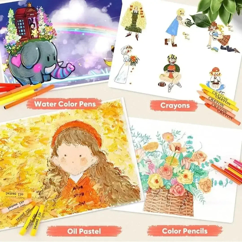 Art & Craft Painting Box – 145 Colour Kit with Drawing Water Colour Pencils, Oil Pastels, Acrylic Paint Brushes & Sketch Pens | Professional Art Set for Kids | Multi-Theme Portable Suitcase Design - Naivri