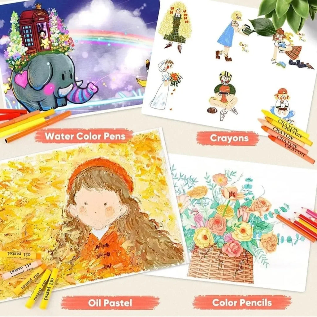 Art & Craft Painting Box – 145 Colour Kit with Drawing Water Colour Pencils, Oil Pastels, Acrylic Paint Brushes & Sketch Pens | Professional Art Set for Kids | Multi-Theme Portable Suitcase Design - Naivri