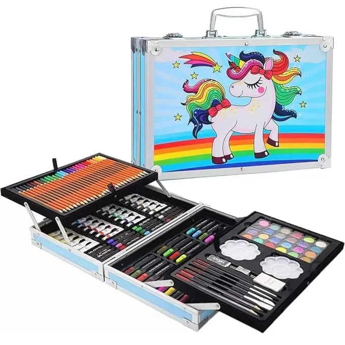Art & Craft Painting Box – 145 Colour Kit with Drawing Water Colour Pencils, Oil Pastels, Acrylic Paint Brushes & Sketch Pens | Professional Art Set for Kids | Multi-Theme Portable Suitcase Design - Naivri