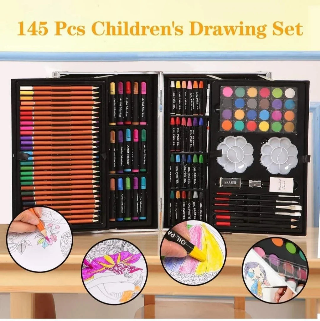 Art & Craft Painting Box – 145 Colour Kit with Drawing Water Colour Pencils, Oil Pastels, Acrylic Paint Brushes & Sketch Pens | Professional Art Set for Kids | Multi-Theme Portable Suitcase Design - Naivri