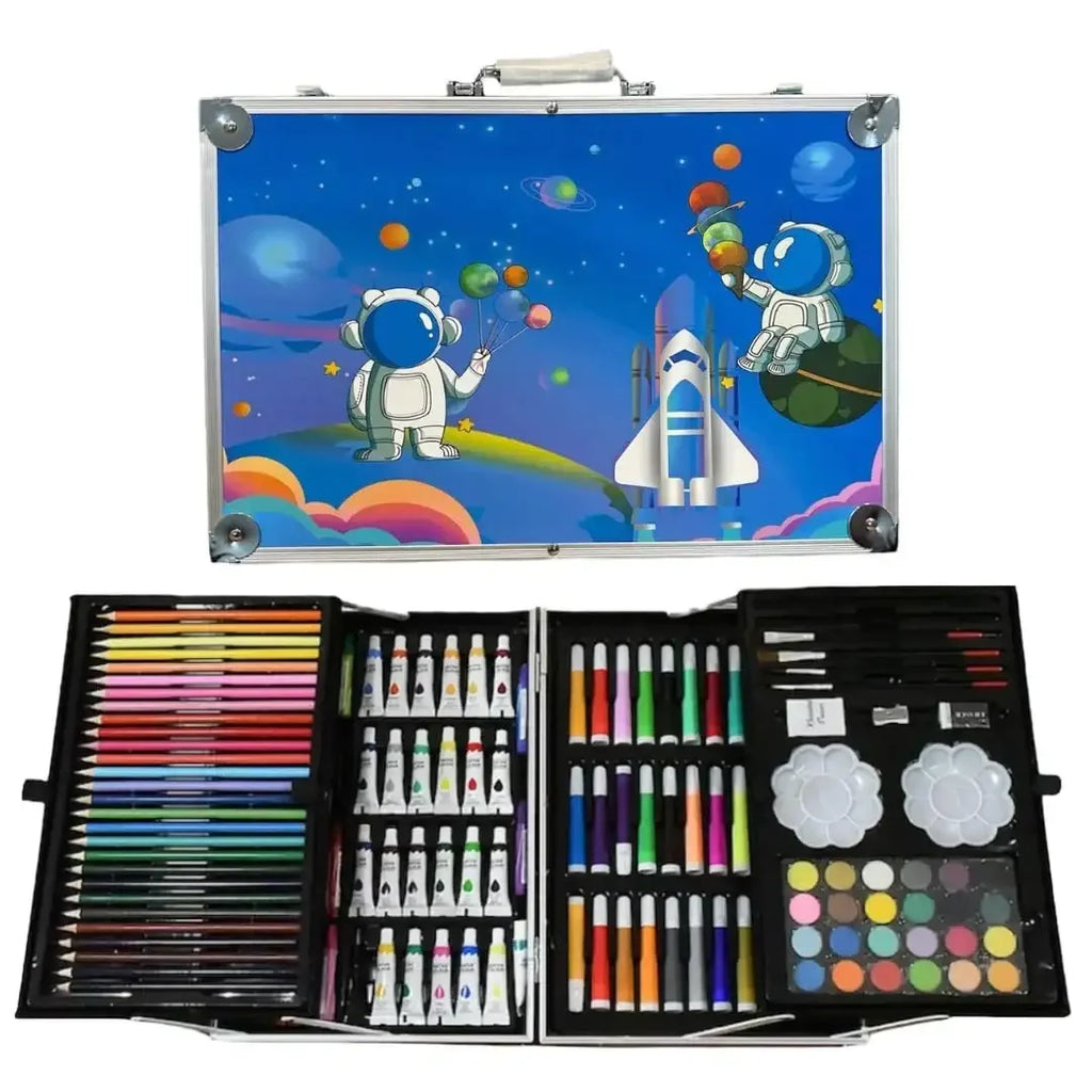 Art & Craft Painting Box – 145 Colour Kit with Drawing Water Colour Pencils, Oil Pastels, Acrylic Paint Brushes & Sketch Pens | Professional Art Set for Kids | Multi-Theme Portable Suitcase Design - Naivri