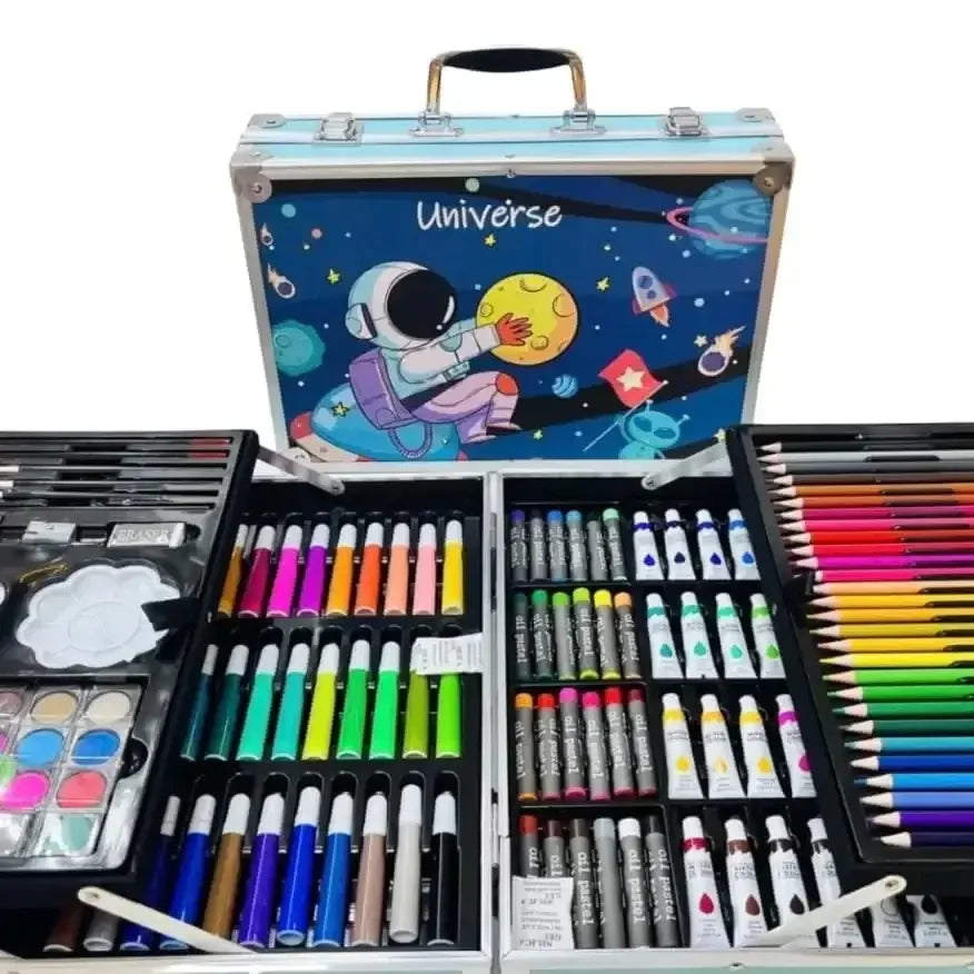 Art & Craft Painting Box – 145 Colour Kit with Drawing Water Colour Pencils, Oil Pastels, Acrylic Paint Brushes & Sketch Pens | Professional Art Set for Kids | Multi-Theme Portable Suitcase Design - Naivri