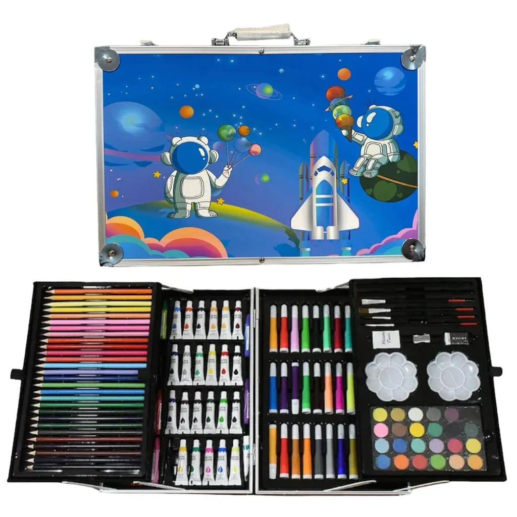 Art & Craft Painting Box – 145 Colour Kit with Drawing Water Colour Pencils, Oil Pastels, Acrylic Paint Brushes & Sketch Pens | Professional Art Set for Kids | Multi-Theme Portable Suitcase Design - Naivri