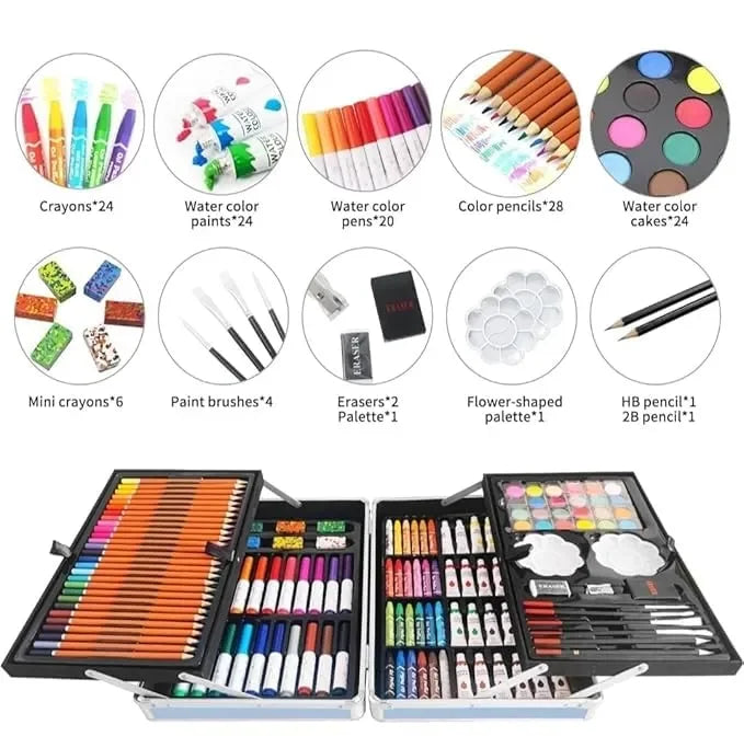 Art & Craft Painting Box – 145 Colour Kit with Drawing Water Colour Pencils, Oil Pastels, Acrylic Paint Brushes & Sketch Pens | Professional Art Set for Kids | Multi-Theme Portable Suitcase Design - Naivri