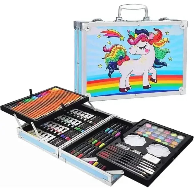 Art & Craft Painting Box – 145 Colour Kit with Drawing Water Colour Pencils, Oil Pastels, Acrylic Paint Brushes & Sketch Pens | Professional Art Set for Kids | Multi-Theme Portable Suitcase Design - Naivri