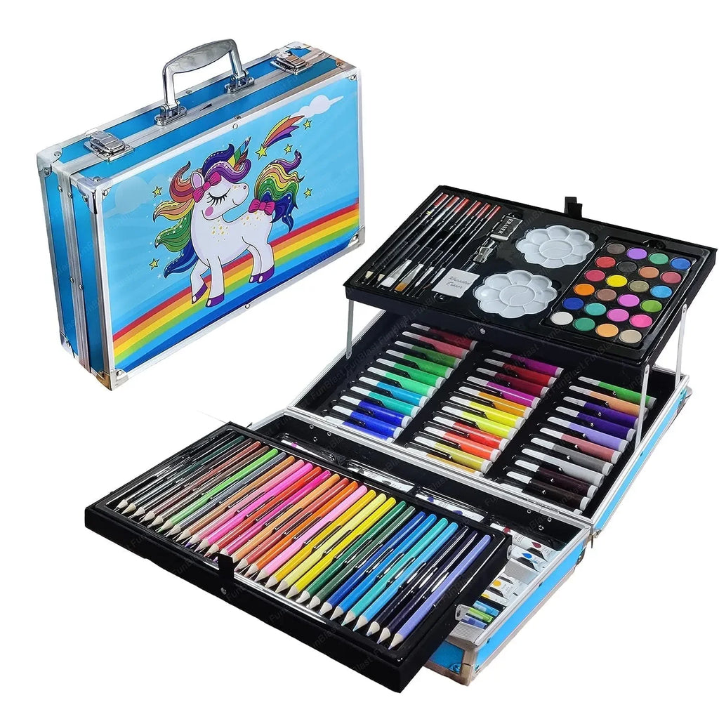Art & Craft Painting Box – 145 Colour Kit with Drawing Water Colour Pencils, Oil Pastels, Acrylic Paint Brushes & Sketch Pens | Professional Art Set for Kids | Multi-Theme Portable Suitcase Design - Naivri