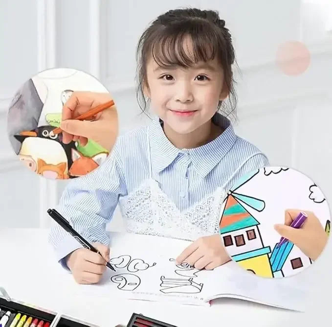 Art & Craft Painting Box – 145 Colour Kit with Drawing Water Colour Pencils, Oil Pastels, Acrylic Paint Brushes & Sketch Pens | Professional Art Set for Kids | Multi-Theme Portable Suitcase Design - Naivri