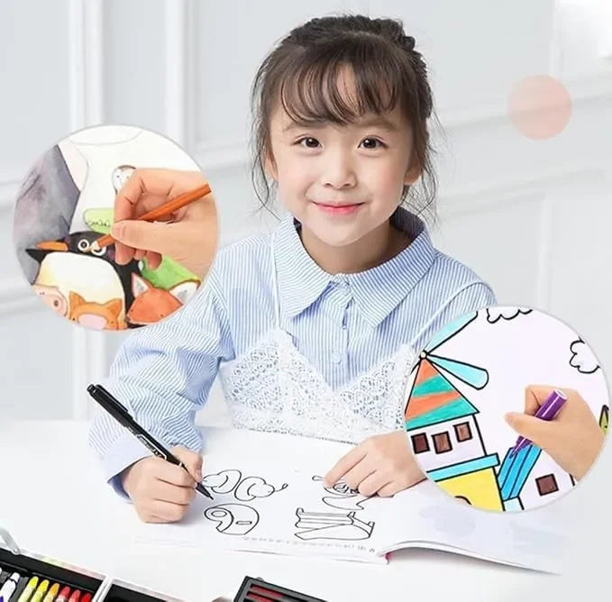 Art & Craft Painting Box – 145 Colour Kit with Drawing Water Colour Pencils, Oil Pastels, Acrylic Paint Brushes & Sketch Pens | Professional Art Set for Kids | Multi-Theme Portable Suitcase Design - Naivri