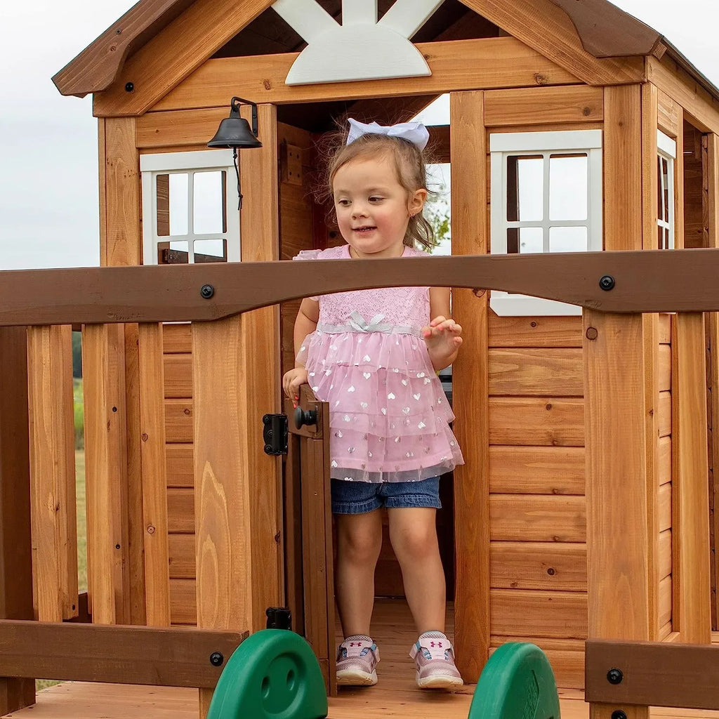 Backyard Echo Heights Playhouse – Elevated Cedar Wood Playhouse with Slide, Play Kitchen & Growth Board - Naivri