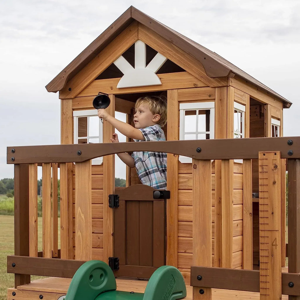 Backyard Echo Heights Playhouse – Elevated Cedar Wood Playhouse with Slide, Play Kitchen & Growth Board - Naivri