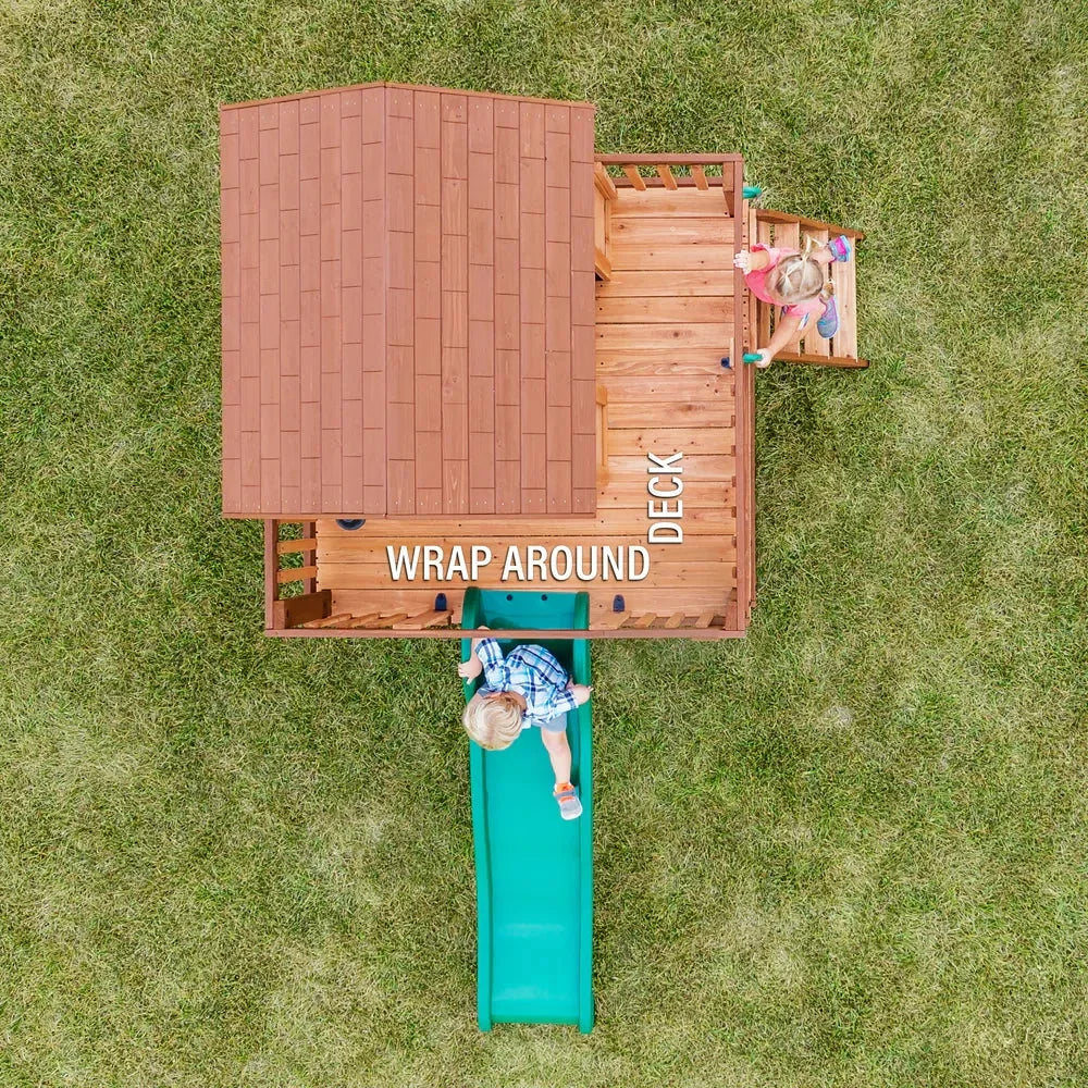 Backyard Echo Heights Playhouse – Elevated Cedar Wood Playhouse with Slide, Play Kitchen & Growth Board - Naivri