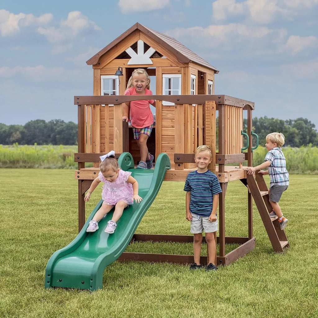 Backyard Echo Heights Playhouse – Elevated Cedar Wood Playhouse with Slide, Play Kitchen & Growth Board - Naivri