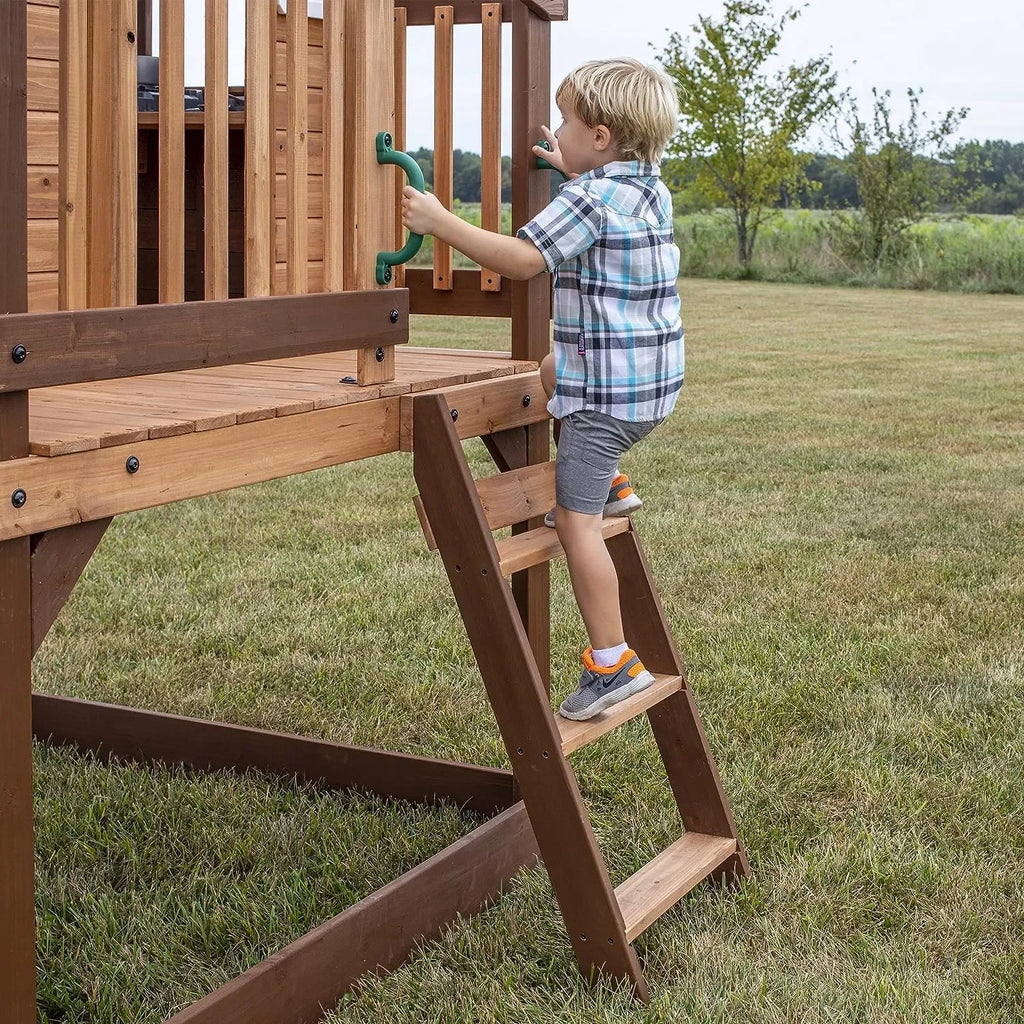 Backyard Echo Heights Playhouse – Elevated Cedar Wood Playhouse with Slide, Play Kitchen & Growth Board - Naivri