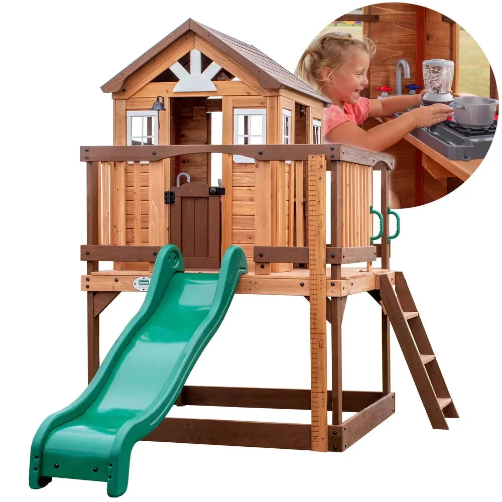 Backyard Echo Heights Playhouse – Elevated Cedar Wood Playhouse with Slide, Play Kitchen & Growth Board - Naivri