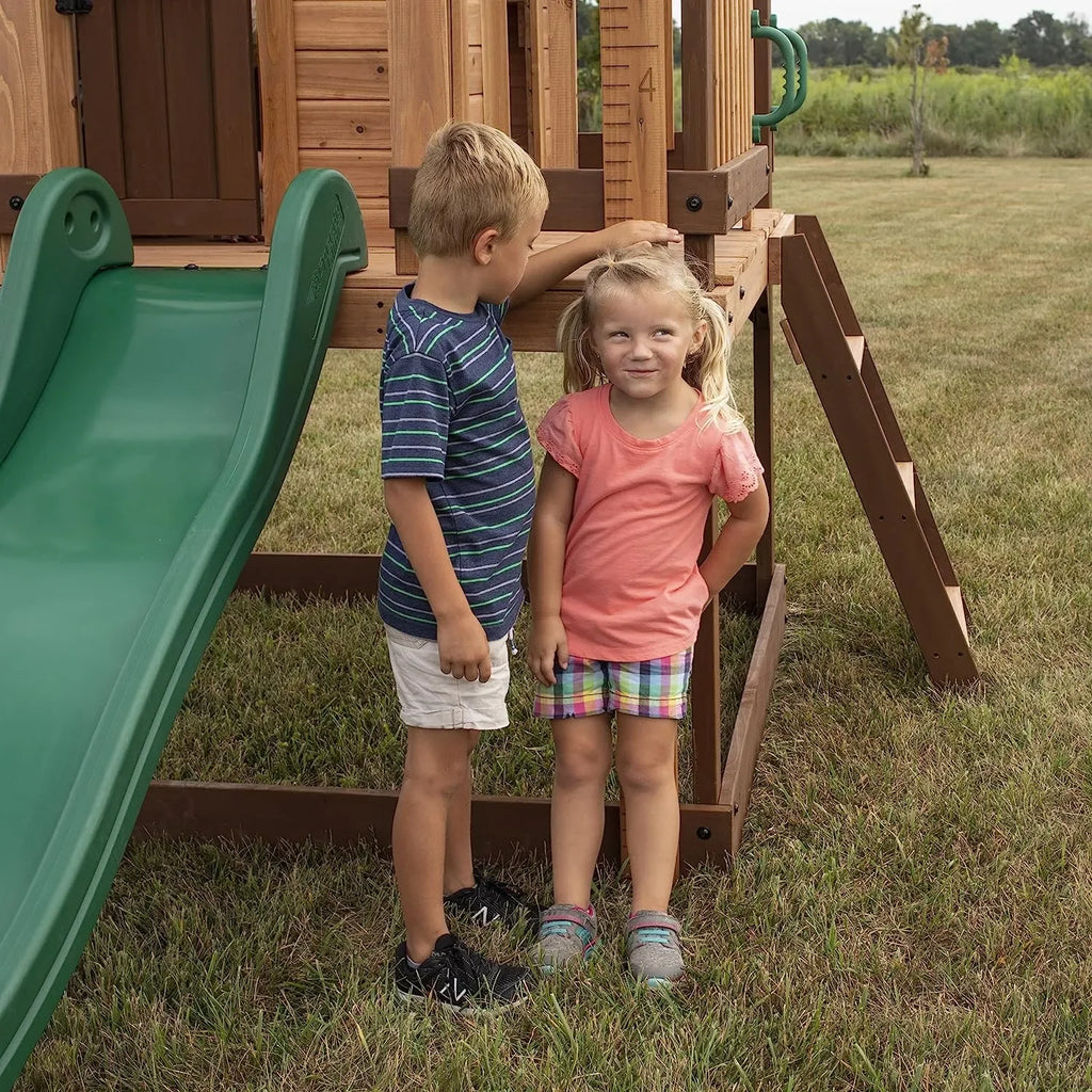 Backyard Echo Heights Playhouse – Elevated Cedar Wood Playhouse with Slide, Play Kitchen & Growth Board - Naivri