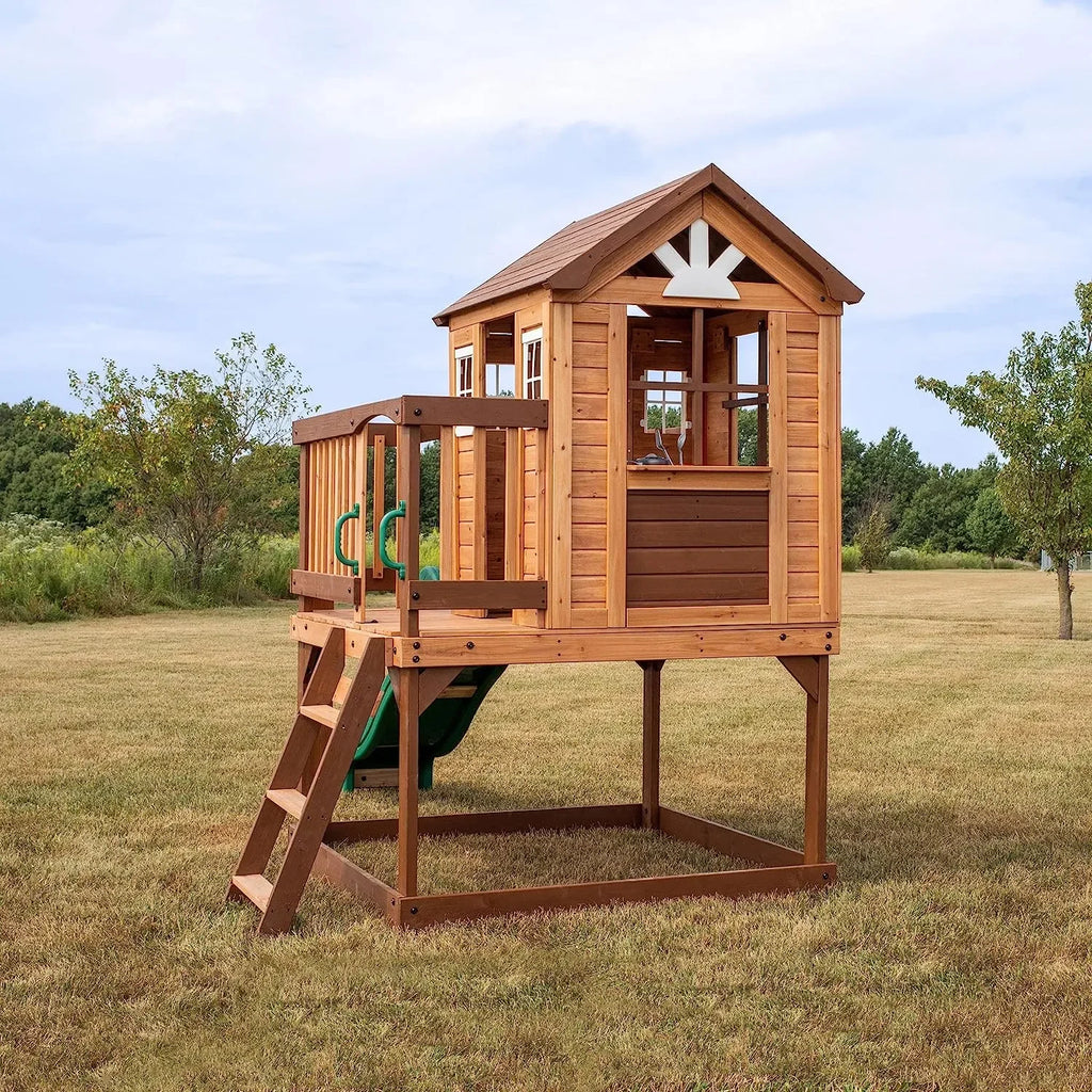 Backyard Echo Heights Playhouse – Elevated Cedar Wood Playhouse with Slide, Play Kitchen & Growth Board - Naivri