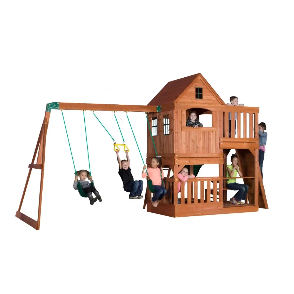 Backyard Hillcrest Play Tower Including Swings – Premium Cedar Wood Swing Set with Slide, Rock Wall & Sandbox - Naivri
