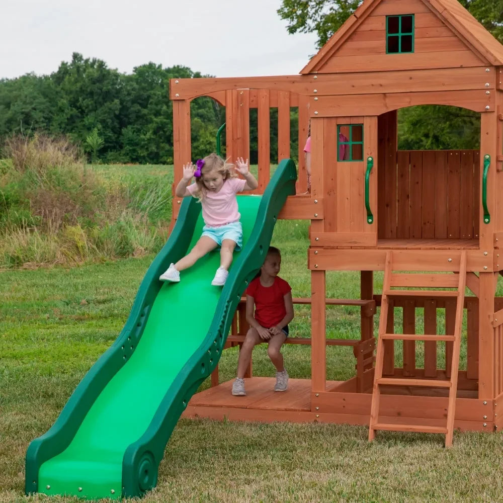Backyard Hillcrest Play Tower Including Swings – Premium Cedar Wood Swing Set with Slide, Rock Wall & Sandbox - Naivri
