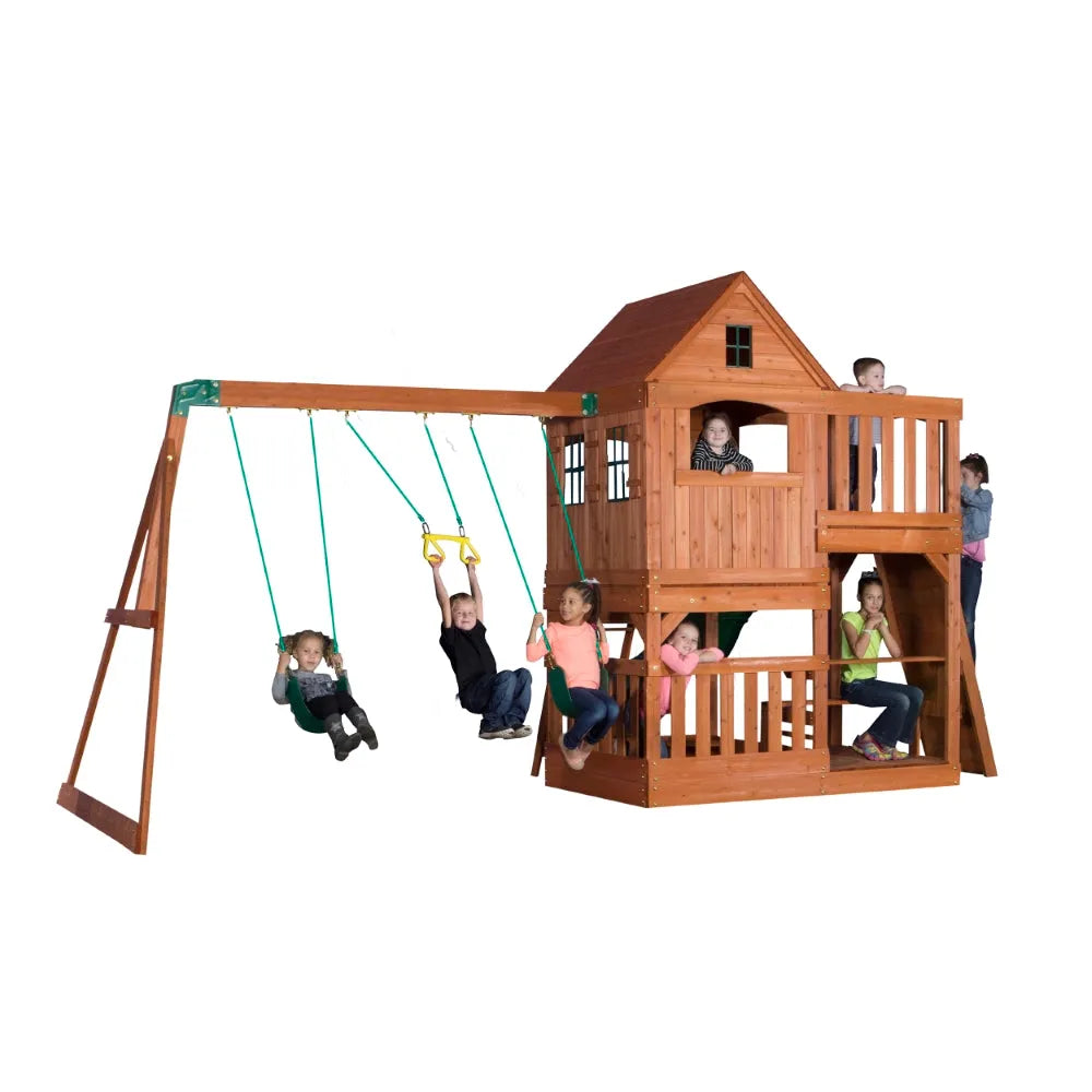 Backyard Hillcrest Play Tower Including Swings – Premium Cedar Wood Swing Set with Slide, Rock Wall & Sandbox - Naivri