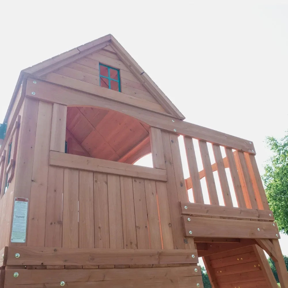 Backyard Hillcrest Play Tower Including Swings – Premium Cedar Wood Swing Set with Slide, Rock Wall & Sandbox - Naivri