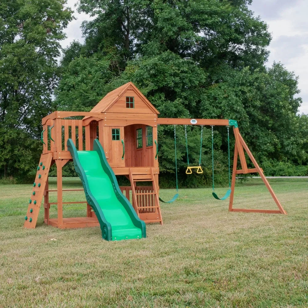 Backyard Hillcrest Play Tower Including Swings – Premium Cedar Wood Swing Set with Slide, Rock Wall & Sandbox - Naivri