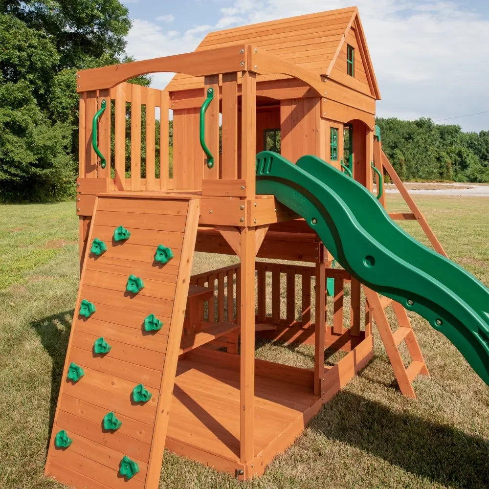 Backyard Hillcrest Play Tower Including Swings – Premium Cedar Wood Swing Set with Slide, Rock Wall & Sandbox - Naivri