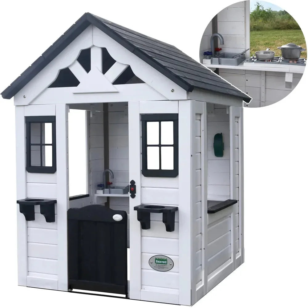 Backyard Sweetwater Playhouse White/Antraciet – Elegant Cedar Wood Kids Playhouse with Play Kitchen & Working Doorbell - Naivri