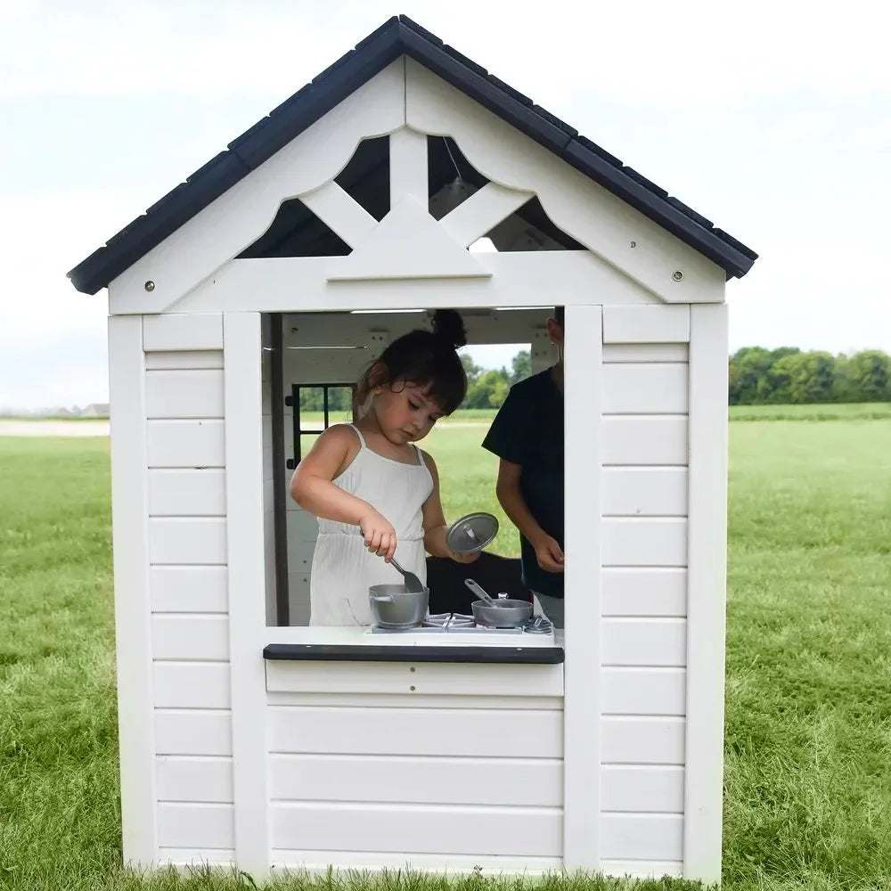Backyard Sweetwater Playhouse White/Antraciet – Elegant Cedar Wood Kids Playhouse with Play Kitchen & Working Doorbell - Naivri