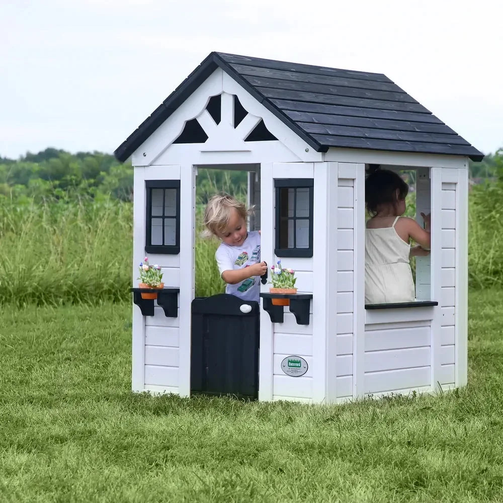 Backyard Sweetwater Playhouse White/Antraciet – Elegant Cedar Wood Kids Playhouse with Play Kitchen & Working Doorbell - Naivri