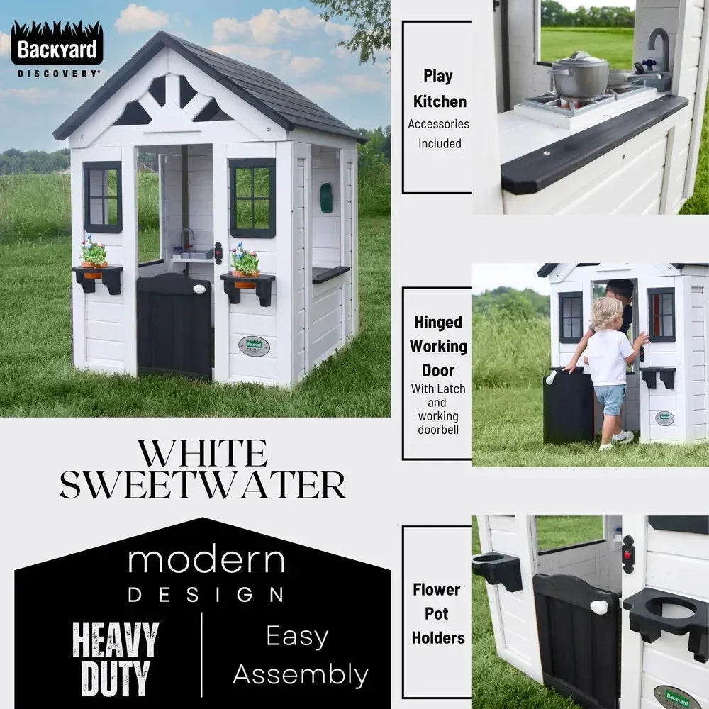 Backyard Sweetwater Playhouse White/Antraciet – Elegant Cedar Wood Kids Playhouse with Play Kitchen & Working Doorbell - Naivri
