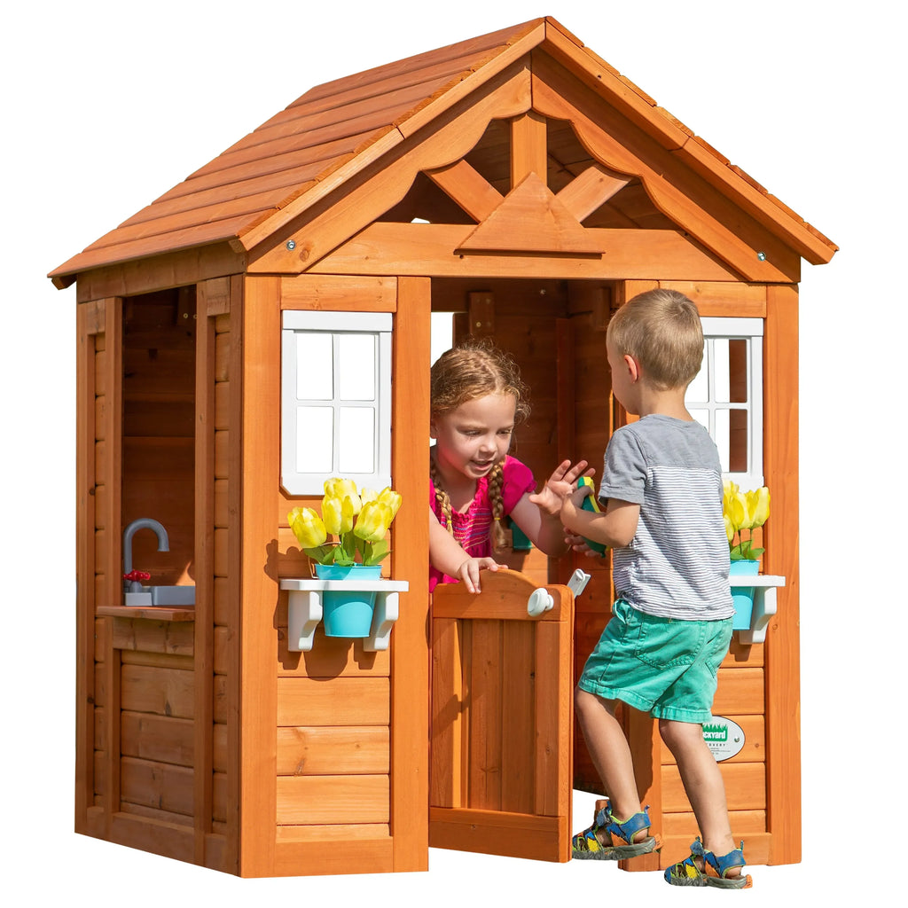 Backyard Timberlake Playhouse – Durable Cedar Wood Kids Outdoor Playhouse with Snack Window & Role Play Features - Naivri