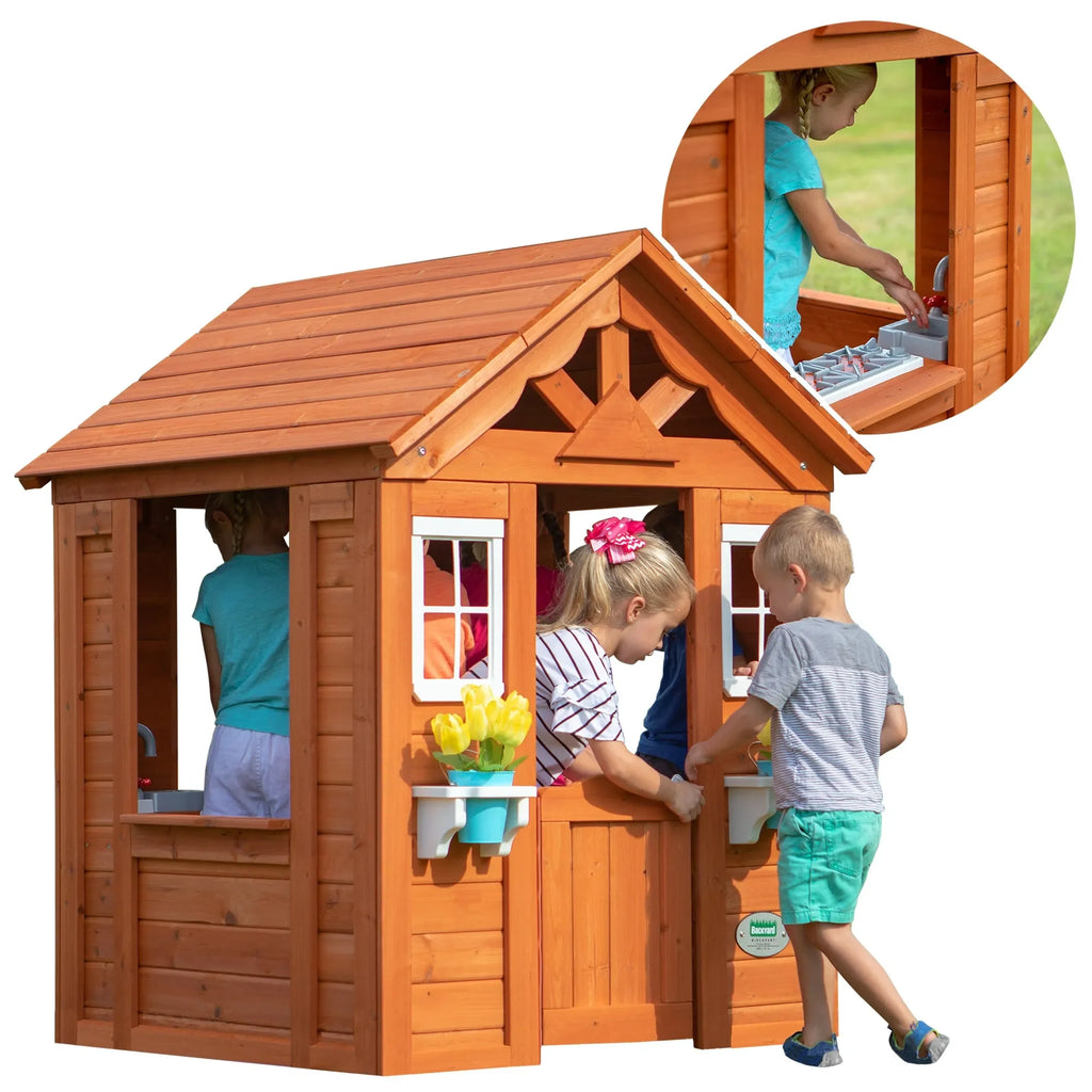 Backyard Timberlake Playhouse – Durable Cedar Wood Kids Outdoor Playhouse with Snack Window & Role Play Features - Naivri