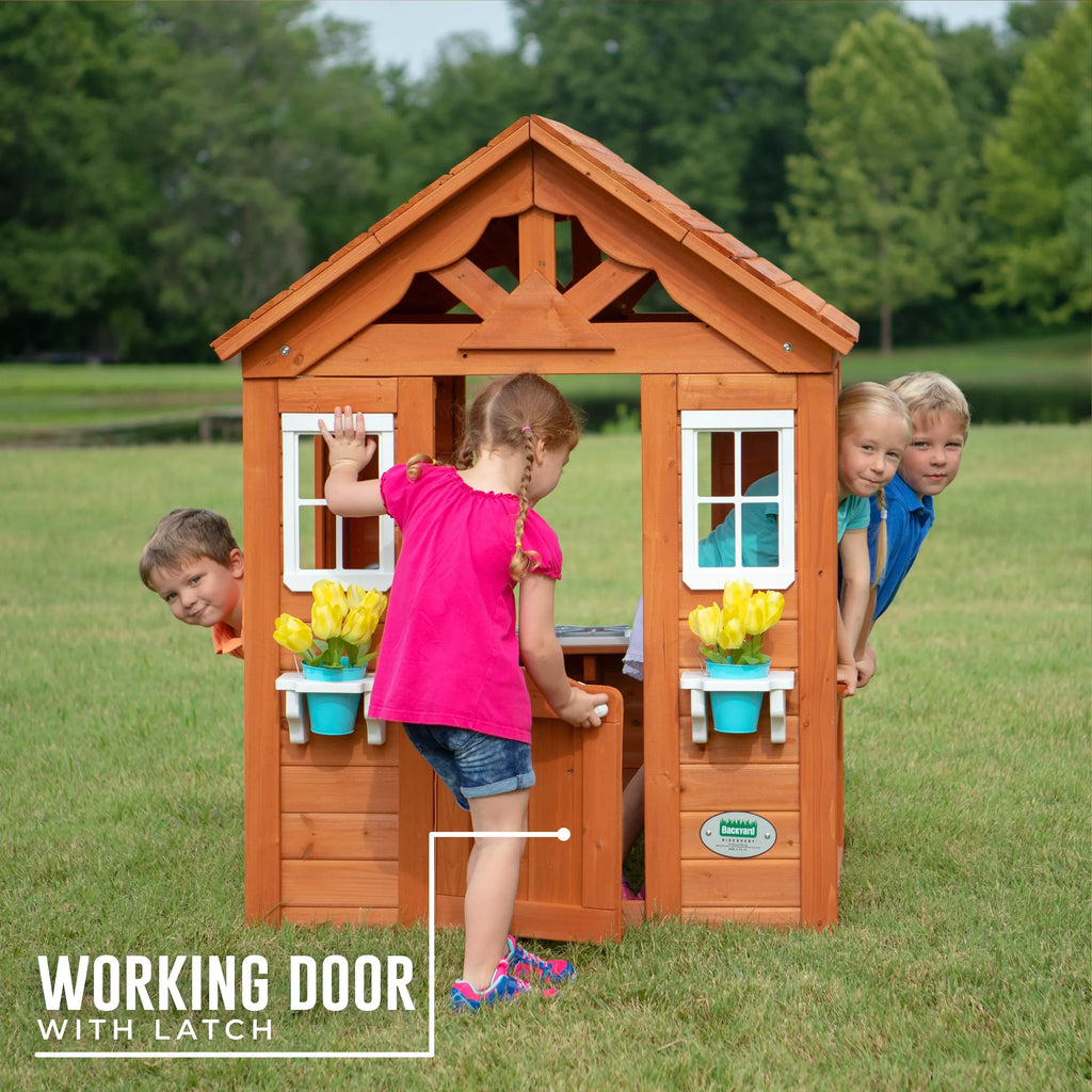 Backyard Timberlake Playhouse – Durable Cedar Wood Kids Outdoor Playhouse with Snack Window & Role Play Features - Naivri