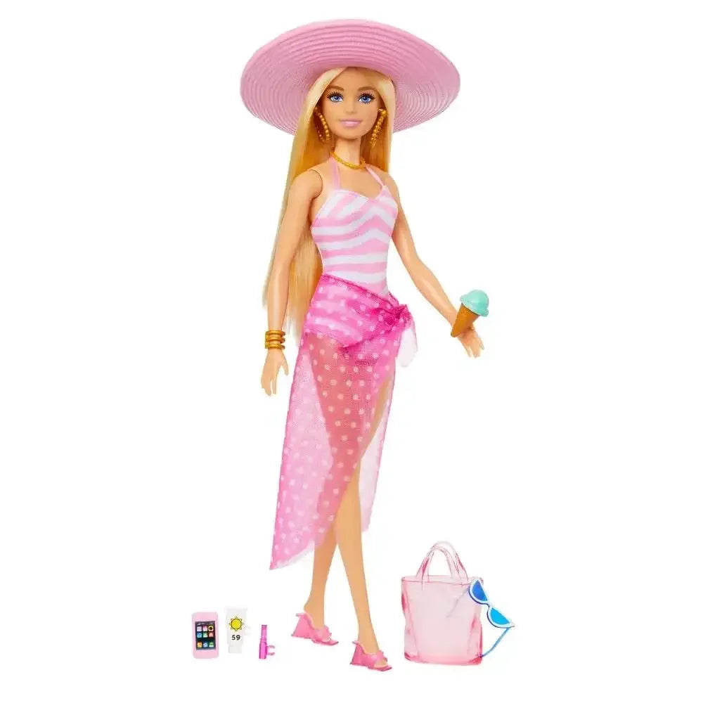 Barbie Blonde Doll with Swimsuit, Sun Hat, Tote Bag & Beach-Themed Accessories - Naivri